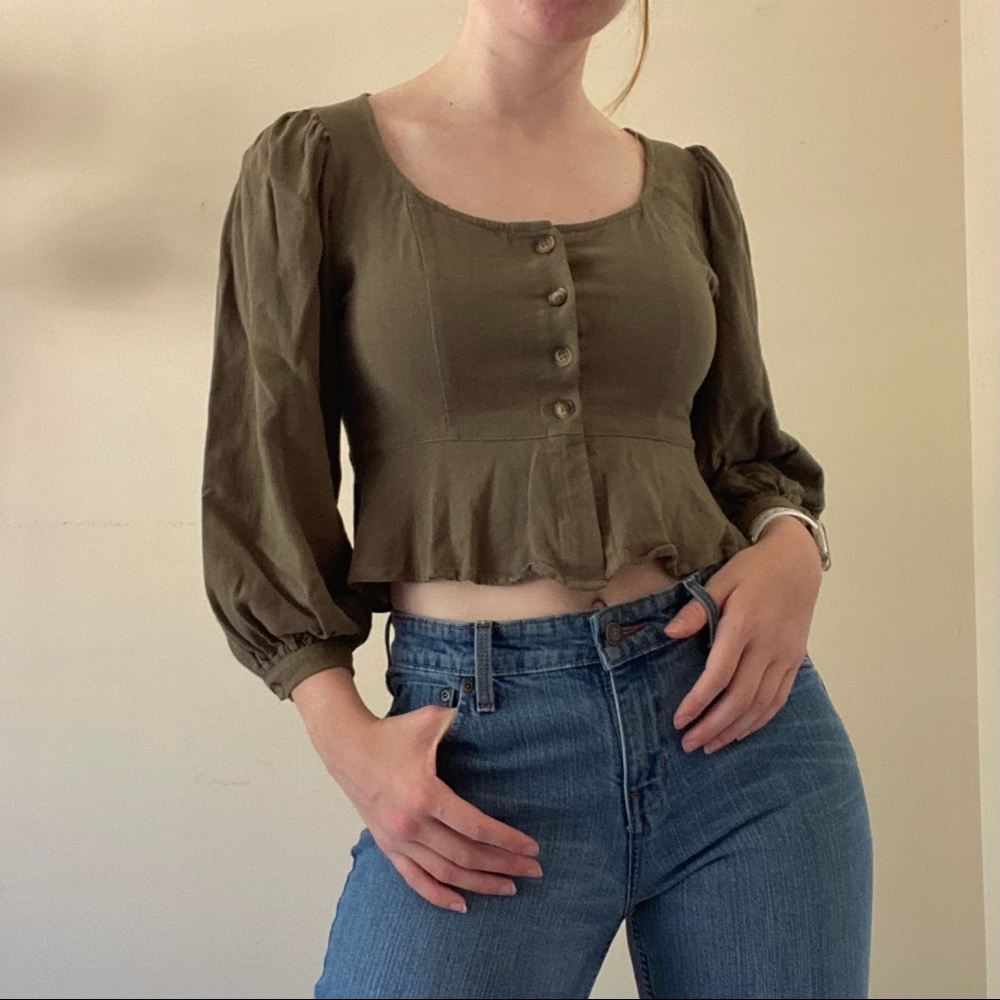 Altar’d State Olive Green Puffy Shoulder Flare Peplum Crop Button Up Shirt
